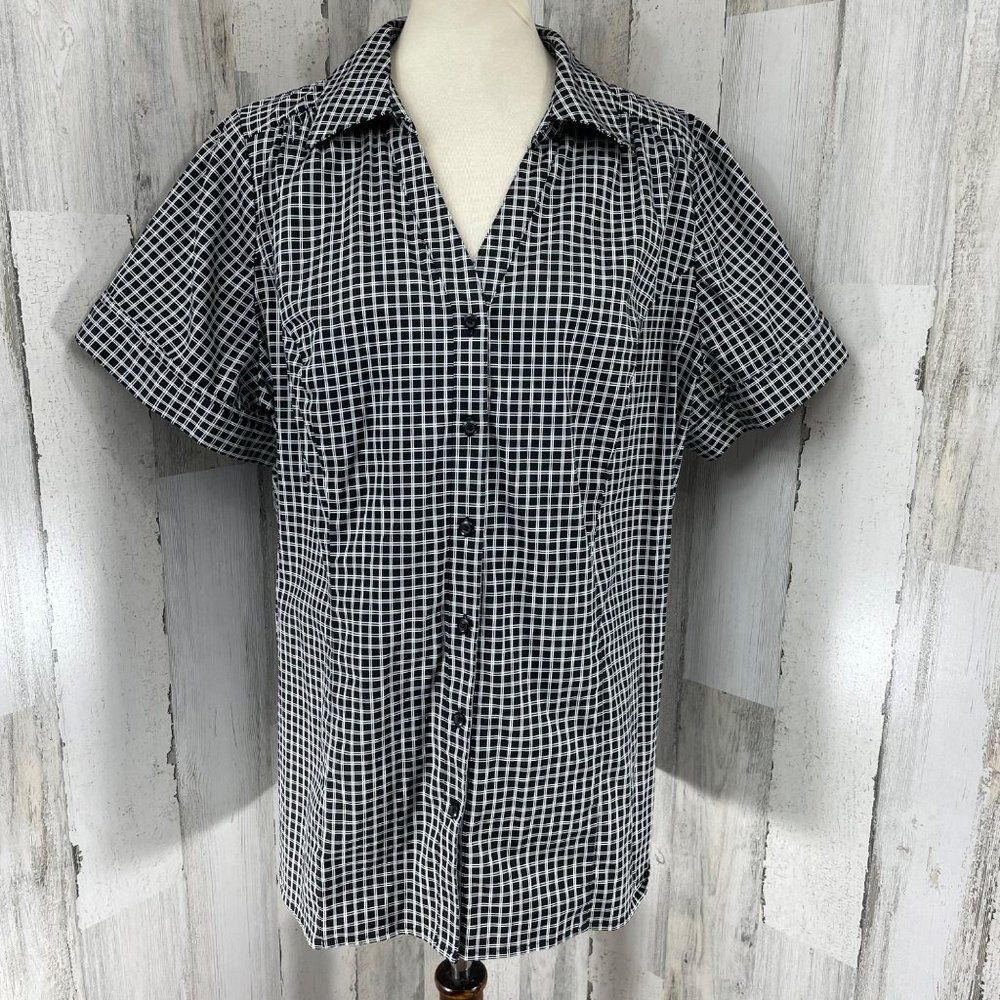 Lane Bryant Women's Plus Size Black Plaid Square Print Button Up Top Shirt